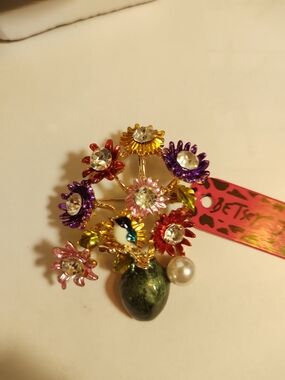 Betsey Johnson Multicolor Bird Enamel & Crystal Flower Bouquet Brooch